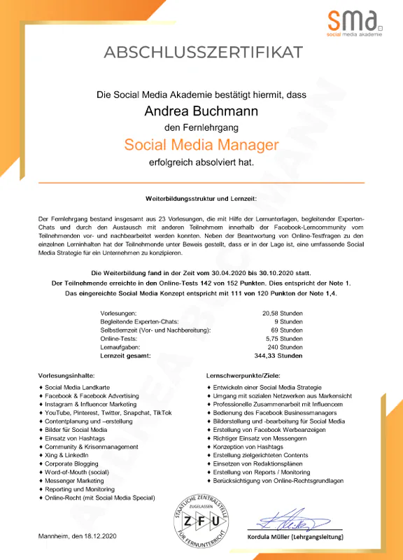 Zertifikat Social Media Manager